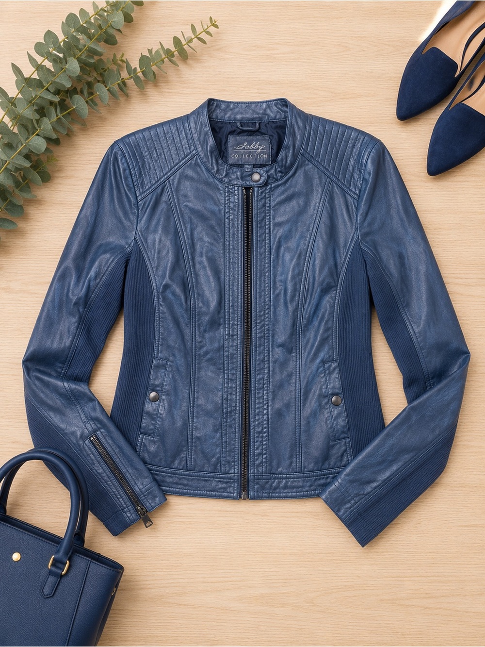 💙Sebby Collection Navy Faux Leather Moto Jacket Large Zip Front💙